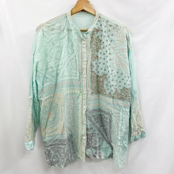 Johnny Was Aqua Blue Embroidered long Sleeve Button Down Blouse - Picture 2 of 5